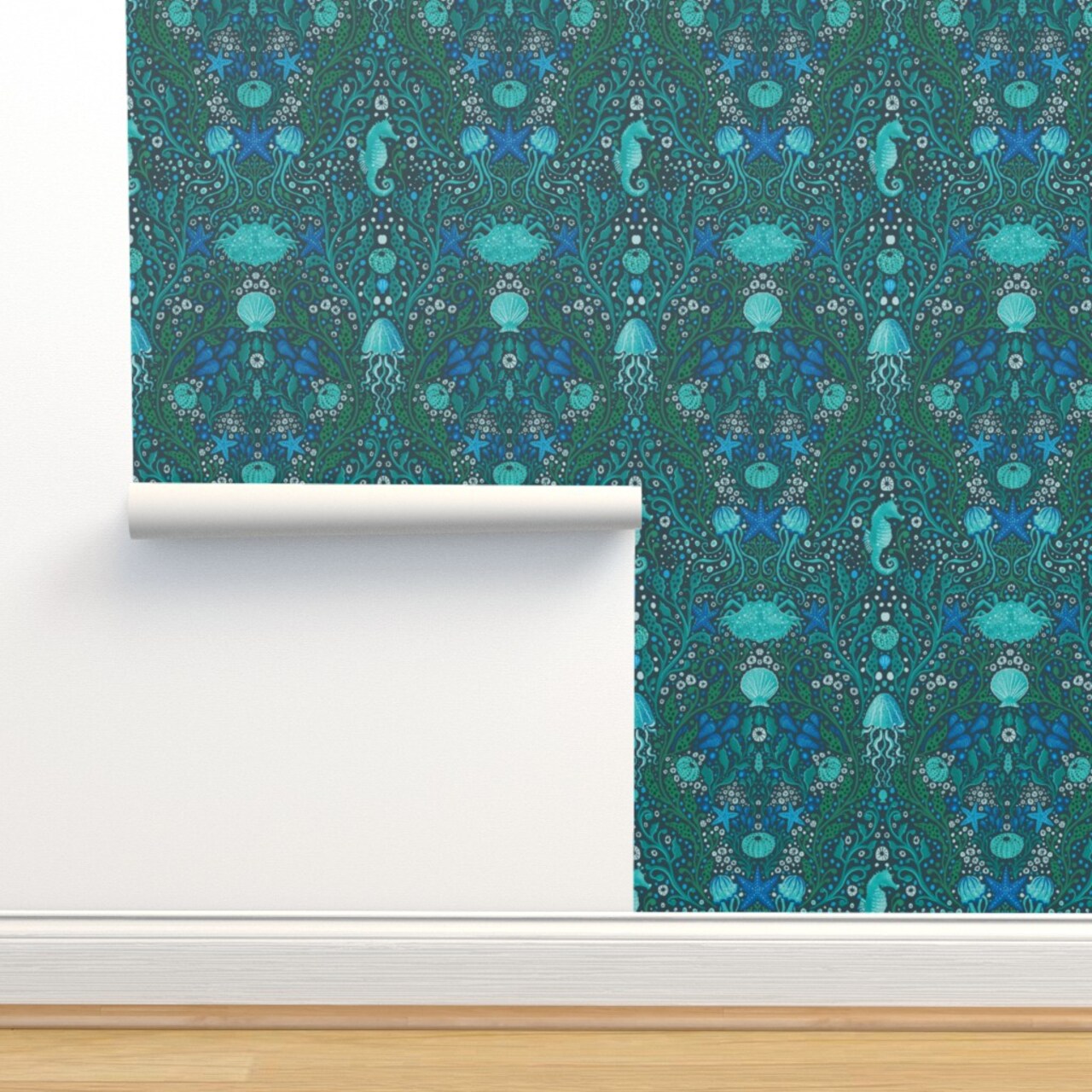 Blue Small Scale Ocean Aquatic Life Seahorses Seaweed Aqua Water Beach Coastal Jellyfish Sea Urchin Custom Removable Wallpaper by Spoonflower Peel & Stick Wallpaper 2FT Wide